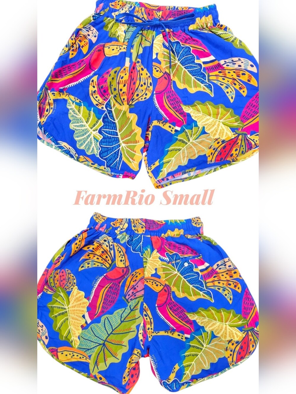 FARM Rio Flying Toucans Tropical Drawstring Shorts Blue Pink Small